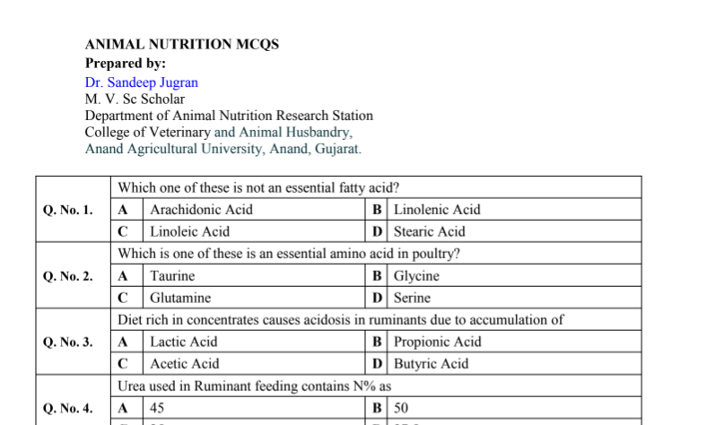 ANIMAL NUTRITION MCQS • 10 Question Banks Needed For ICAR AIEEA [Pdf]